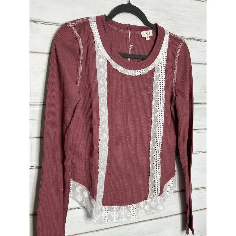 POL Long Sleeve Top Small Mauve Pink Ribbed Lace Trim Contrast Boho Cottagecore